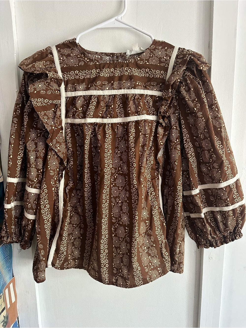 Brown Floral Ruffle Peasant Blouse with Cream Trim